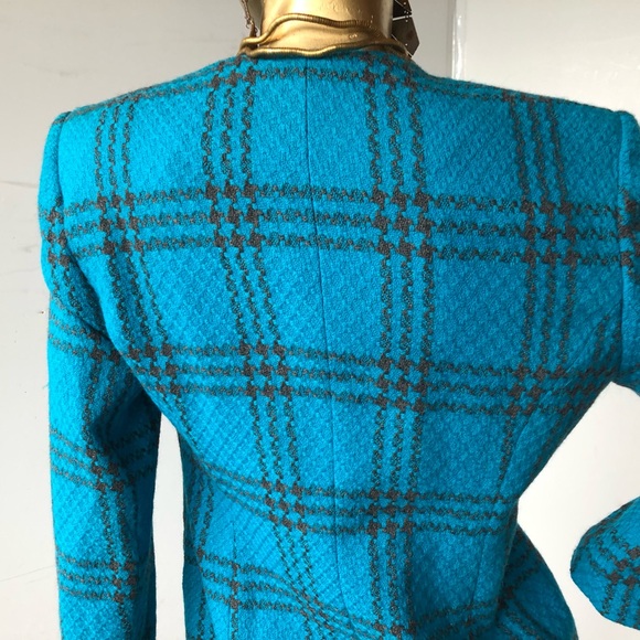 Vintage 1980s  Liz Claiborne  bold blue and black wool plaid blazer - Picture 9 of 11